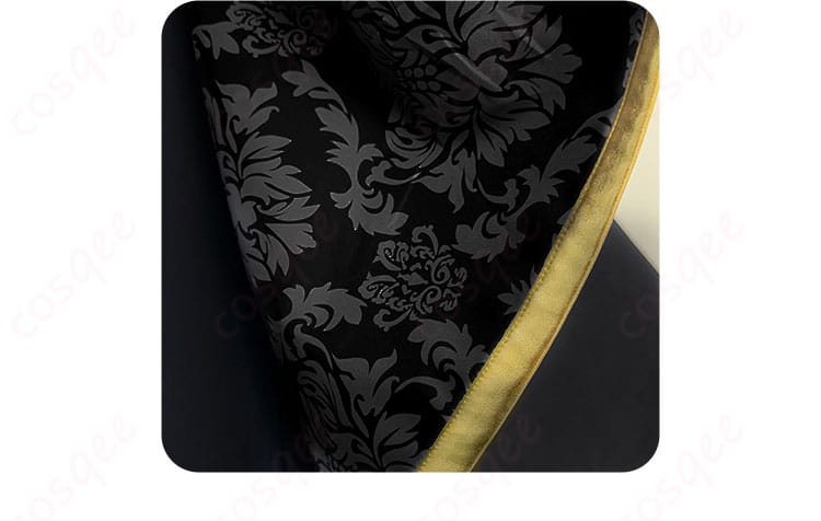 外套の裾部分の装飾、衣装の美しいディテールが強調されています。