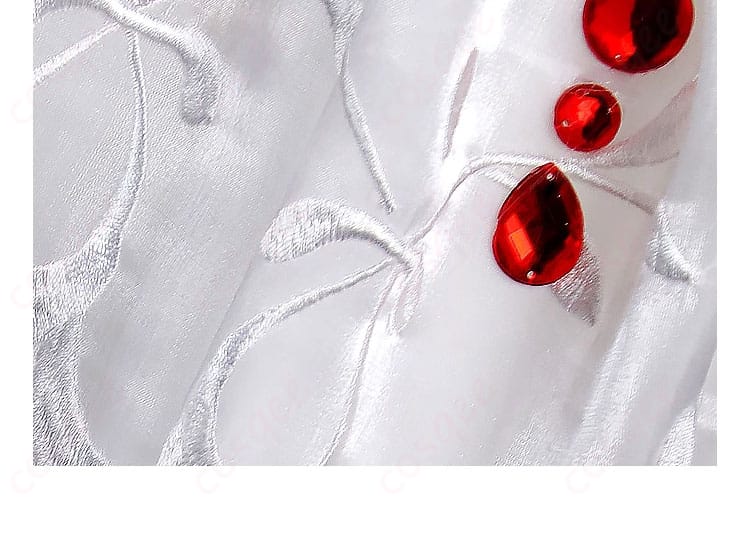 衣襟に施された赤い宝石のディテール、華やかで高級感ある装飾。