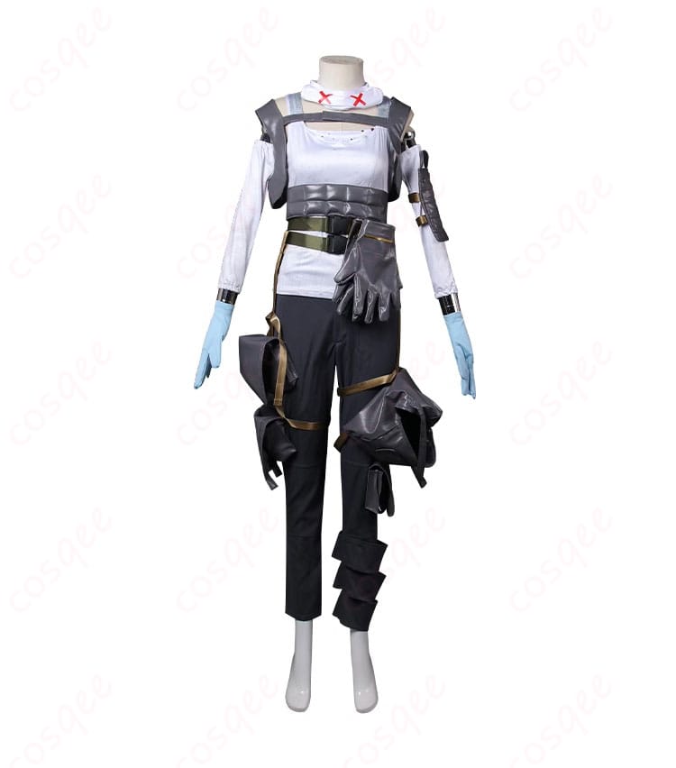 高精度再現されたエーペックスレジェンズ ライフライン コスプレ衣装の正面写真。
