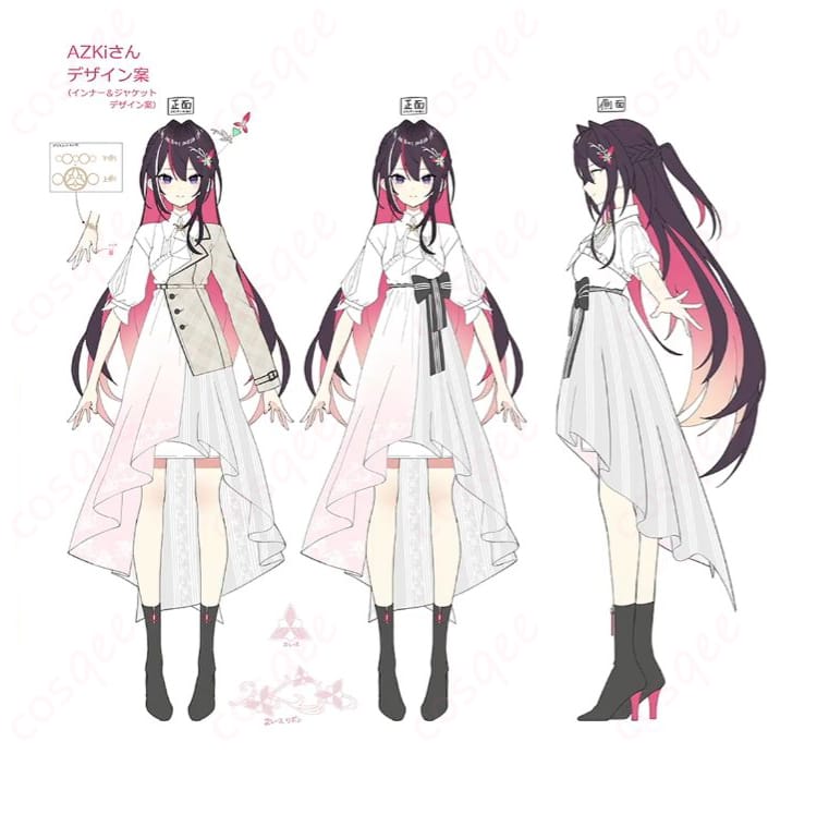 ホロライブのAZKiコスプレ衣装を着たキャラクターの正面画像。細部まで忠実に再現されたデザインが特徴。コスプレ通販で購入可能!
