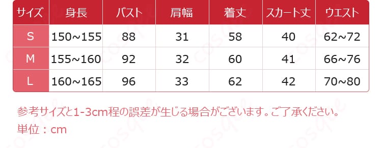 桜ミクコスプレ衣装のサイズと対応するデータの図。サイズ選びの参考に最適です。