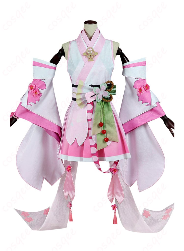 桜ミクコスプレ衣装の正面全体画像。忠実に再現された衣装のディテールが特徴。