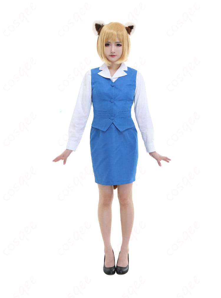 アグレッシブ烈子の烈子(レッサーパンダ)がコスプレ衣装を着た正面画像。細部まで再現された衣装のデザイン。