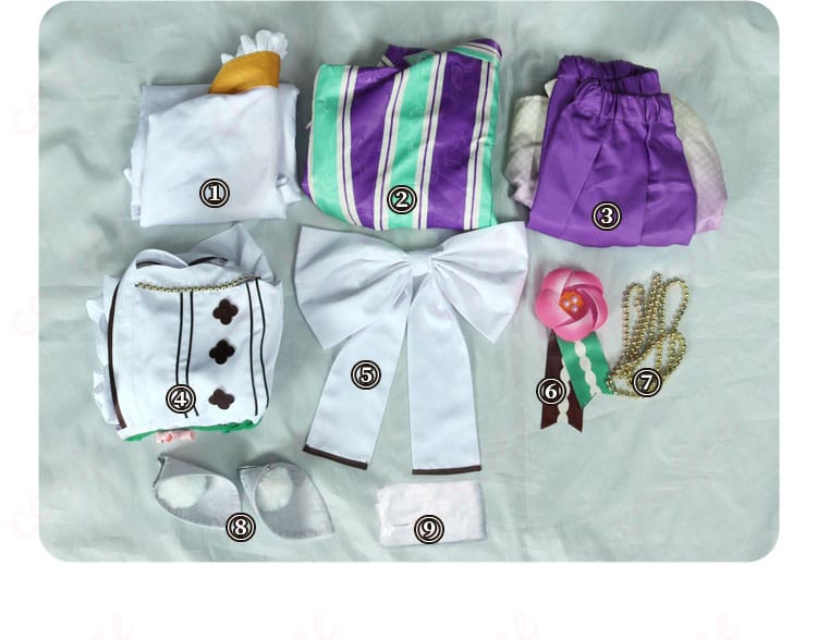 コスプレ衣装のセット内容を示す画像、すべてのアイテムが揃っています。