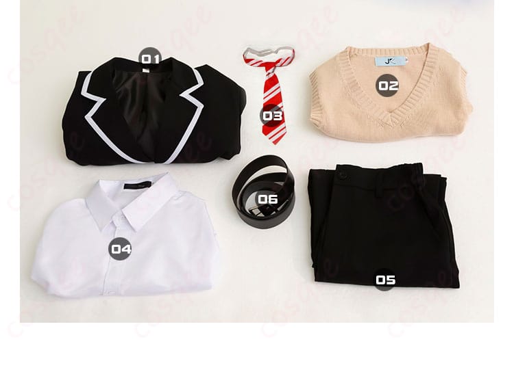 富樫勇太コスプレ衣装のセット内容を展示した画像。すべてのアイテムが確認できます。