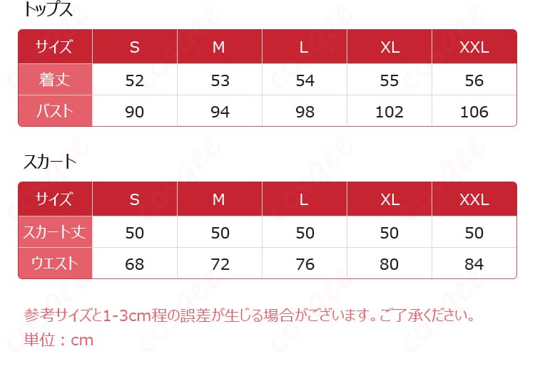 サイズと寸法対応表画像