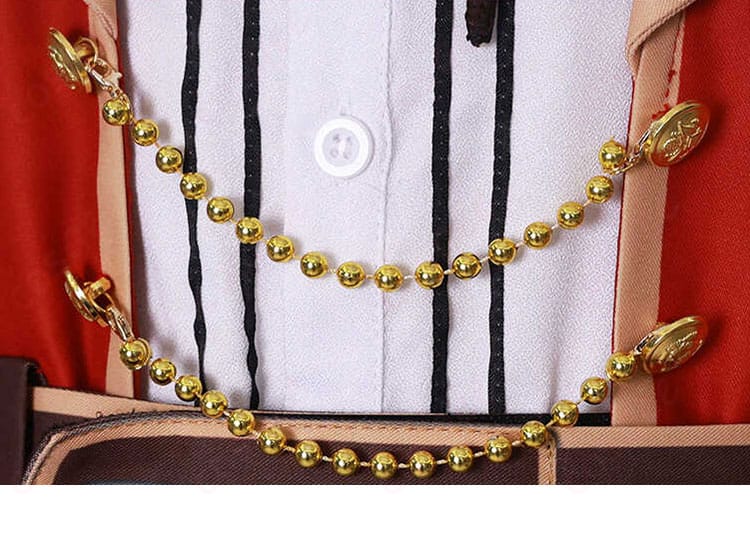 服の腰部の珠子装飾細部、悪役令嬢レベル99 コスプレ衣装の優れたクオリティ。