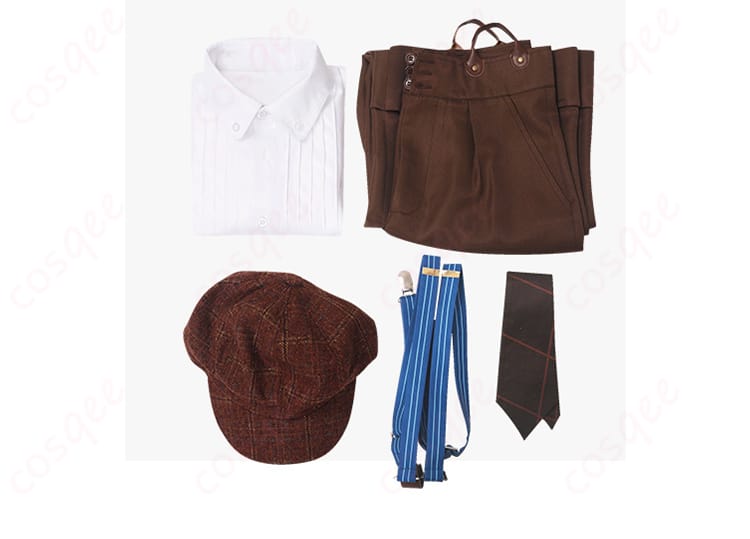 シャルルマーニュ コスプレ衣装のセット内容画像。シャツ、ズボン、帽子、サスペンダー、ネクタイのすべてが確認できます。