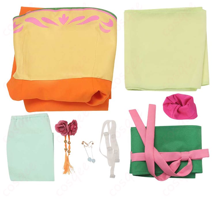 薬屋のひとりごと 猫猫(マオマオ)コスプレ衣装のセット内容画像。すべてのアイテムが一目で分かるように展示されています。