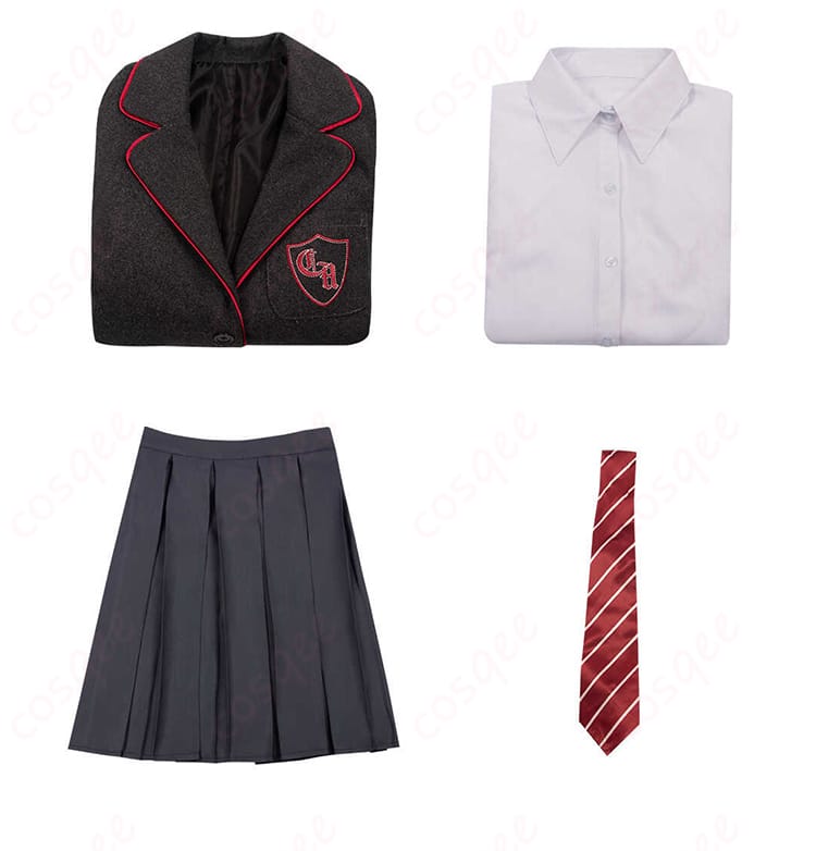 コスプレ衣装のセット内容を紹介する画像。コート、シャツ、スカート、ネクタイが一目でわかります。