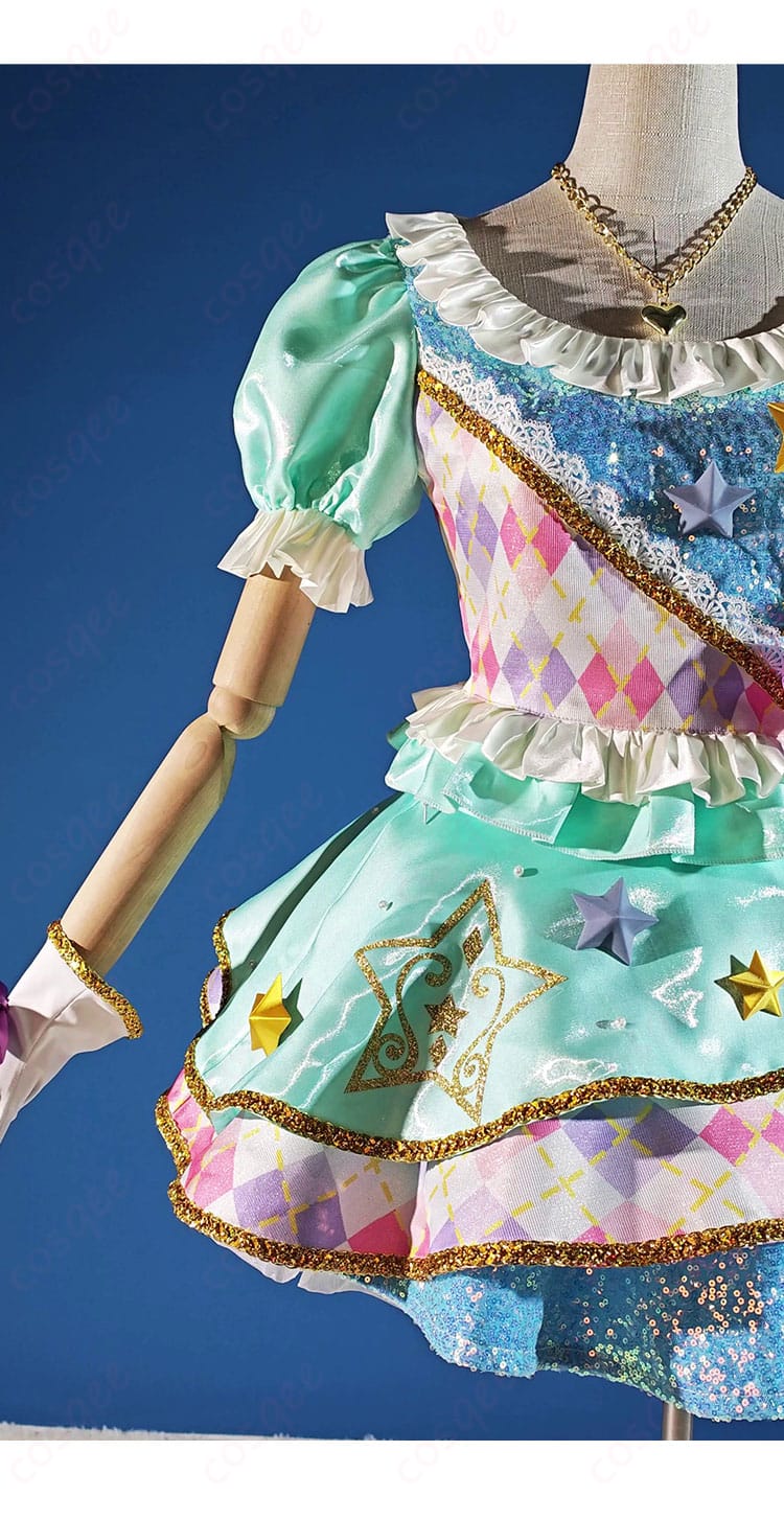 アイカツスターズ!白鳥ひめ コスプレ衣装の装飾詳細。星飾りや刺繍が施された美しいデザイン。