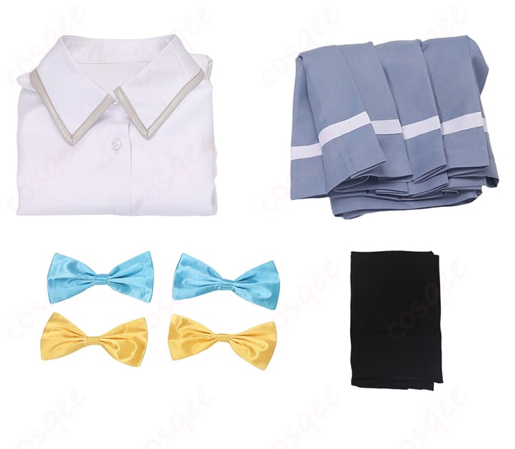 セット内容を紹介する画像。コスプレ衣装の全アイテム(シャツ、スカート、靴下、蝶結び)が揃っています。