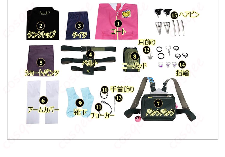 クローヴコスプレ衣装のセット内容をすべて表示。コスプレに必要なアイテムが揃っています。