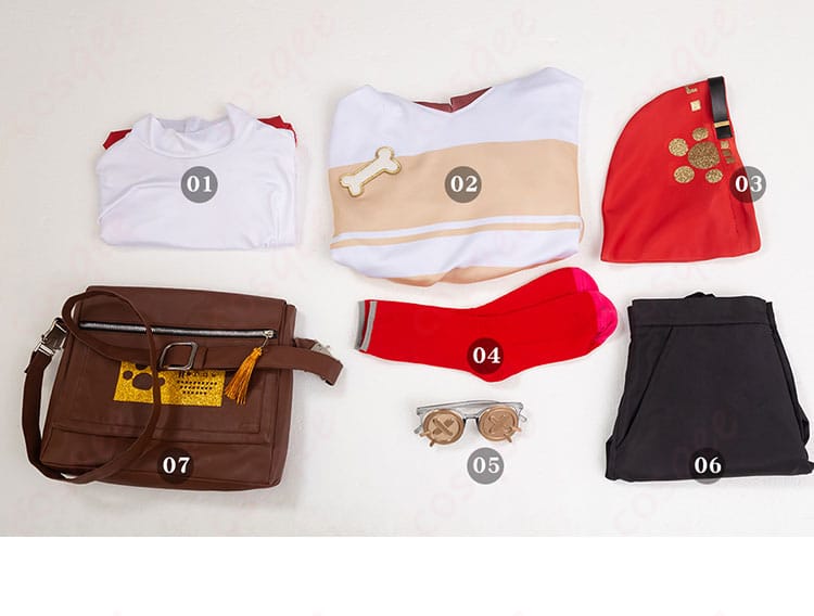 ポストマンコスプレ衣装のセット内容全体。衣装の全てのアイテムを一度にチェック。