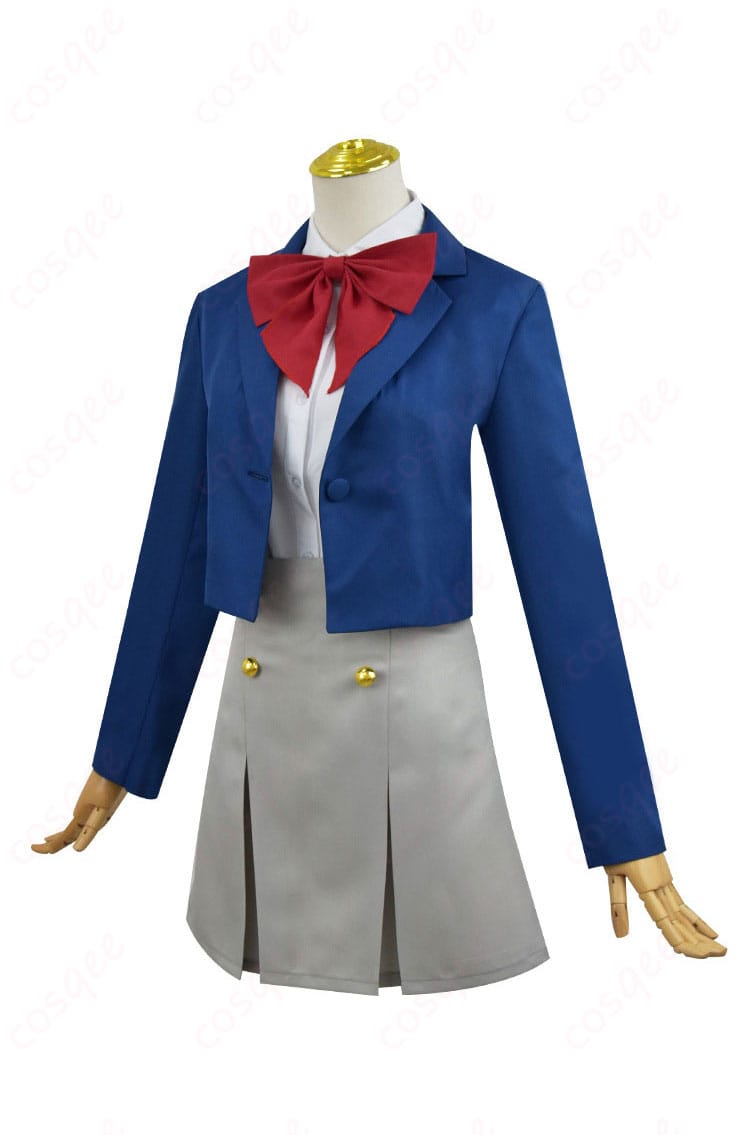 阿古屋真珠のコスプレ衣装左側面。リボンとシャツ、スカートの細部がよく見える。