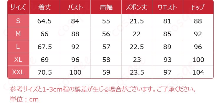 コスプレ衣装のサイズと対応データの図。詳細なサイズガイドを提供しており、ぴったりのサイズを選べます。