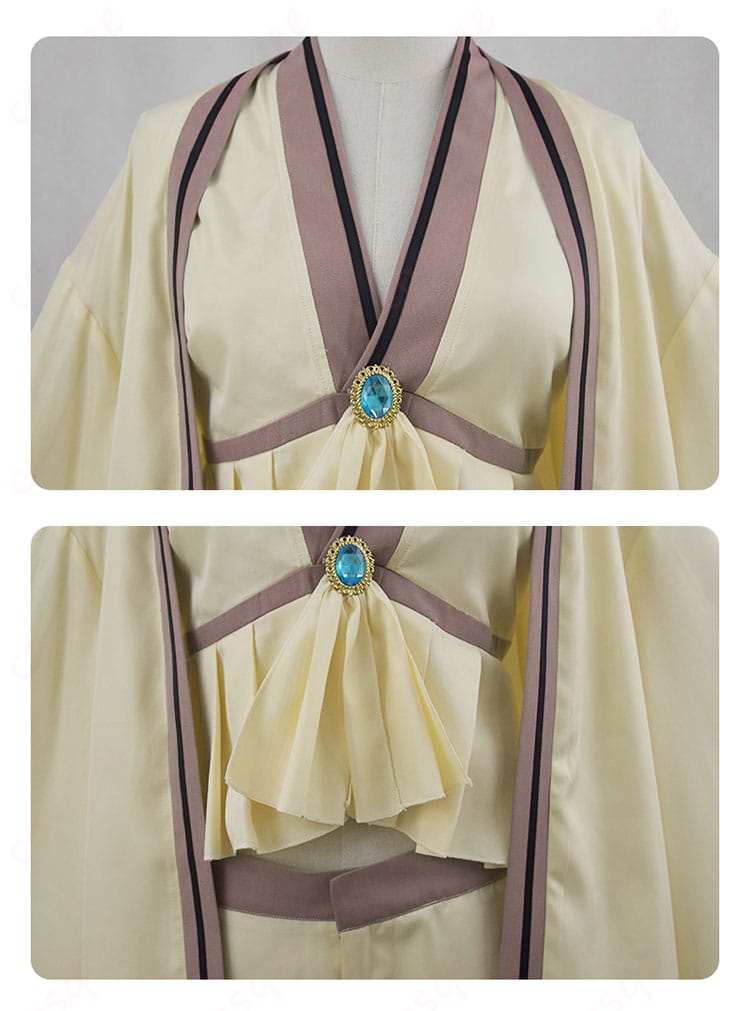 衣装の衣領と腰飾りのディテール。精緻な装飾が施されており、キャラクターの特徴を再現。