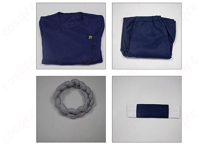 究極メカ丸 コスプレ衣装のセット内容。トップス、ズボン、首飾り、コルセットベルトが含まれます。