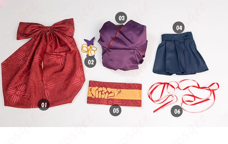 ムラサメ コスプレ衣装のセット内容画像。ワンピース、スカート、コルセットベルト、髪飾り、背部蝶結びが含まれています。