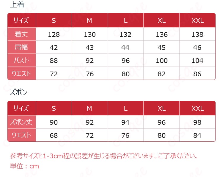 商品サイズと寸法対応データを示す画像