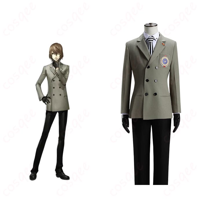 ペルソナ5 明智吾郎 コスプレ衣装 正面とキャラクター人物が一緒に写った画像。高忠実度再現の制服コスプレ衣装。