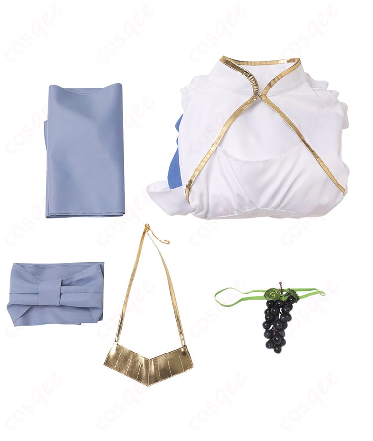 ベルゼルグ・スタイリッシュ・ソード・アイリスのコスプレ衣装のセット内容。ワンピース、ベルト、髪飾りなどが含まれています。