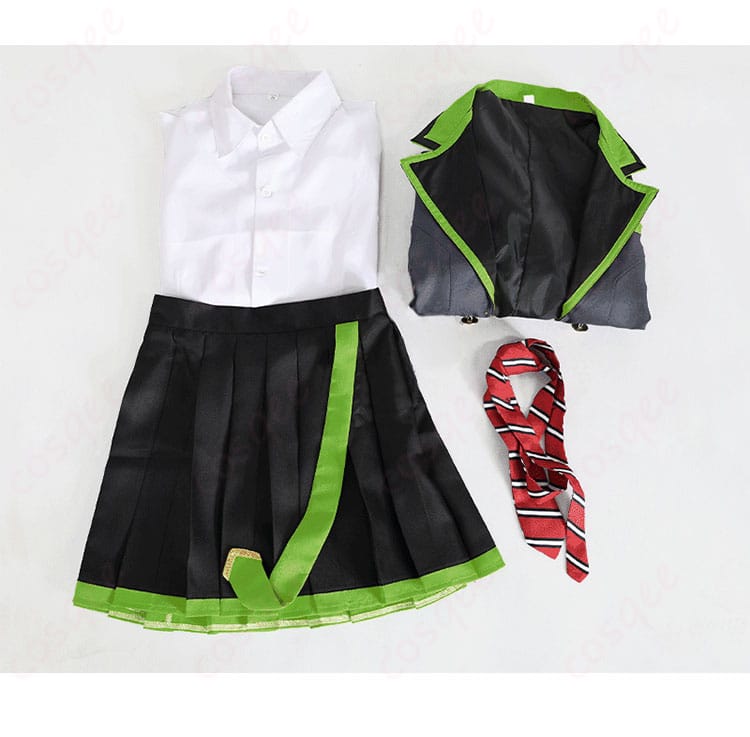 プロジェクトセカイ 日野森志歩 コスプレ衣装のセット内容。コート、シャツ、スカート、ネクタイが含まれています。