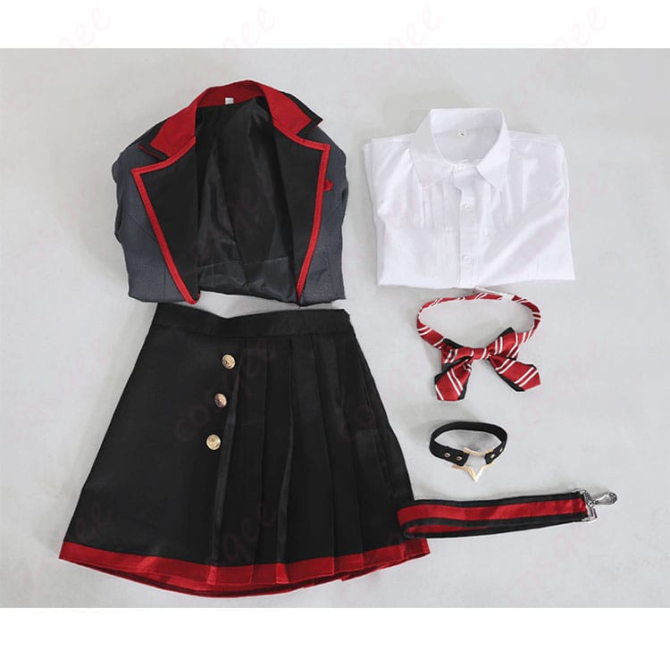 望月穂波 コスプレ衣装のセット内容画像。コート、シャツ、スカート、スカーフ、腕ベルトなど、全てのアイテムが一目で分かる。