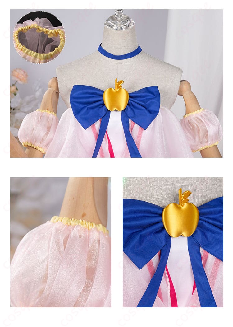 雪森りんごコスプレ衣装の襟のアップ、リンゴの形をした蝶の装飾と袖口の細かいデザイン。