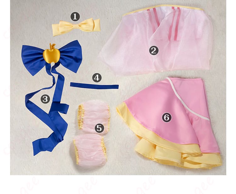 コスプレ衣装のセット内容を紹介する画像。衣装全体とそのアクセサリーが一緒に見れます。