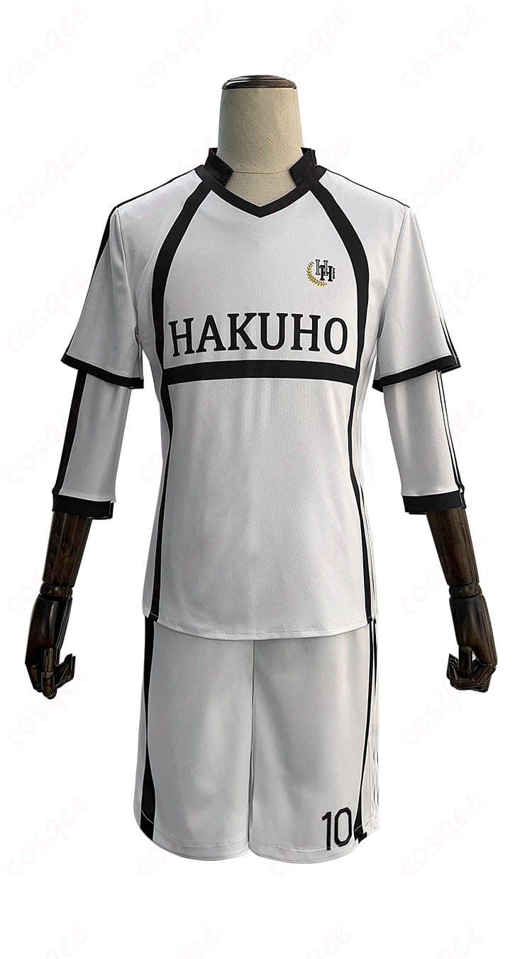 ブルーロック 御影玲王 コスプレ衣装の正面画像。白宝高校サッカー部ユニフォームのデザインがよくわかる一枚。