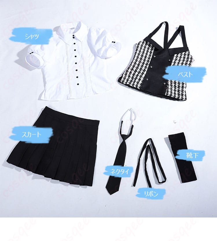 髏々宮カルタ コスプレ衣装 セット内容の画像、シャツ、ベスト、ネクタイ、リボンなどが見やすく配置されています。
