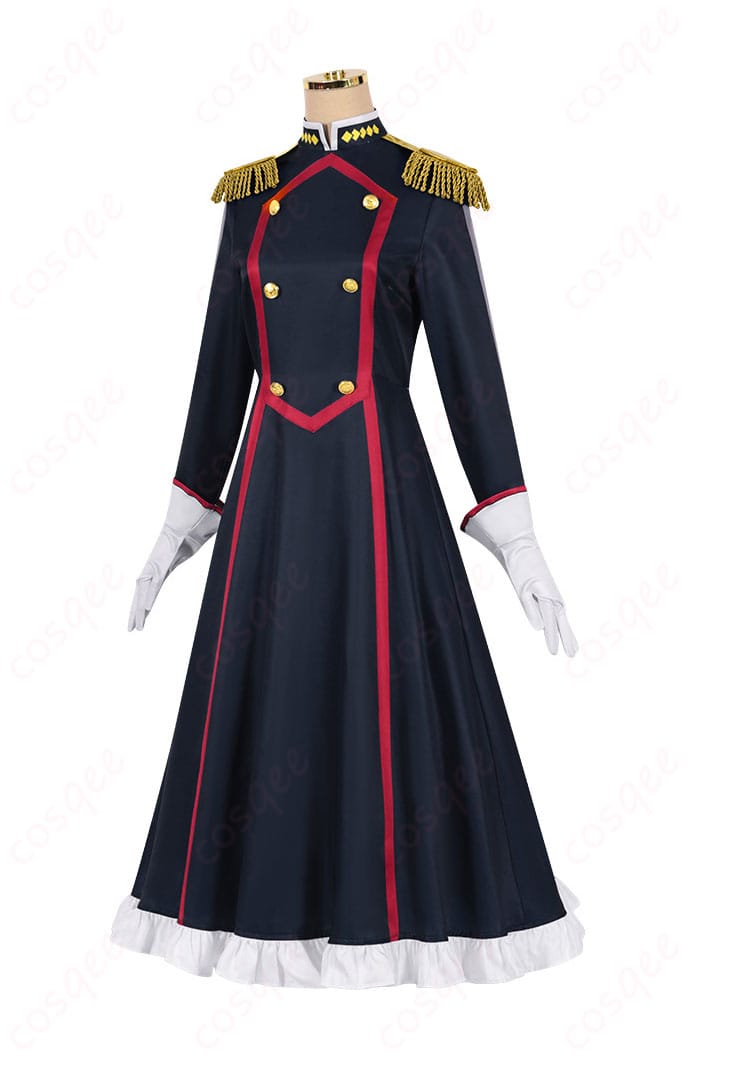 「魔都精兵のスレイブ 大川村寧 コスプレ衣装」の側面画像。衣装のスリムなラインとディテールを強調。