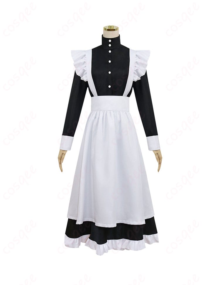 スレイブ 大川村寧 コスプレ衣装 正面からの全身画像。高再現度のワンピースとエプロンが特徴です。コスプレイベントにぴったり!