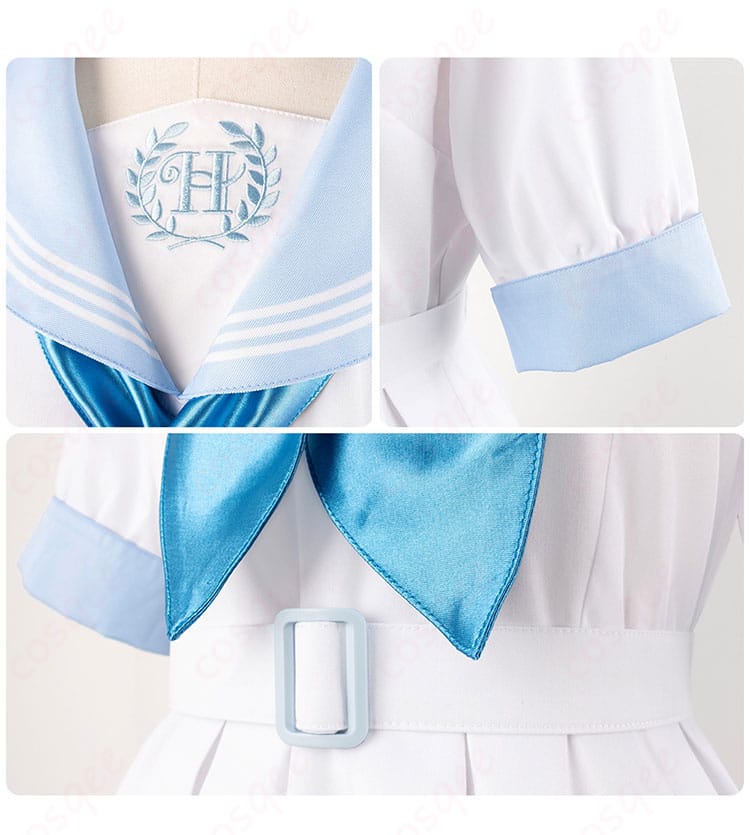ほろはにヶ丘高校 コスプレ衣装のリボン、衣領、袖の装飾細部画像。丁寧に仕上げられた刺繍や装飾が際立っています。