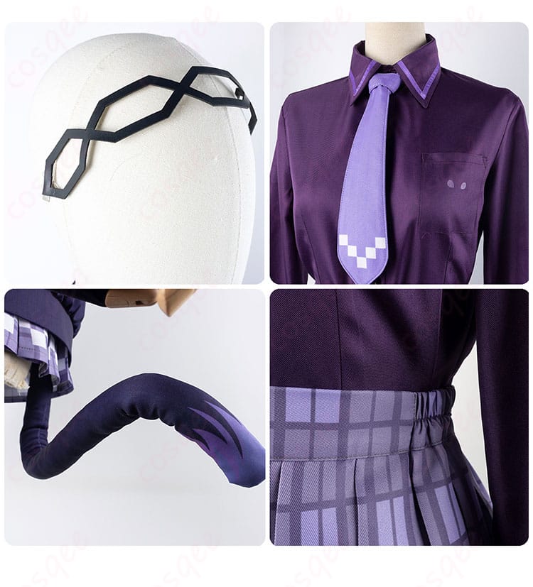 紫咲シオンのコスプレ衣装のアクセサリーと装飾の詳細。美しい刺繍やディテールが特徴。