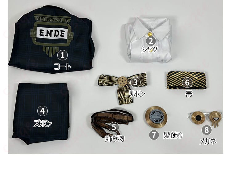 「第五人格」囚人コスプレ衣装のセット内容。コート、シャツ、リボンなどの全アイテムが揃っています。