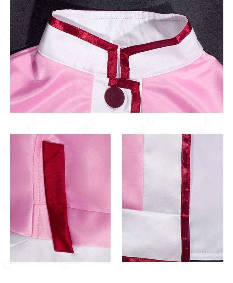 ファインのコスプレ衣装の領口部分のストライプ装飾。特徴的なデザインポイント。