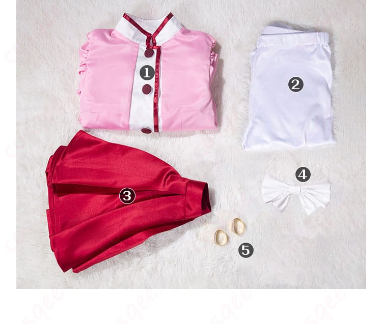 ファインコスプレ衣装のセット内容を表示した写真。衣装の全てのアイテムが揃っている様子。