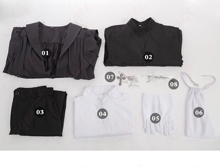 セバスチャン・ミカエリス コスプレ衣装のセット内容画像。全てのアイテムが揃っています。