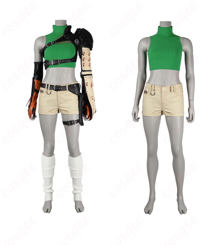 ユフィ・キサラギのコスプレ衣装の細部、花柄や刺繍などの装飾ディテール。