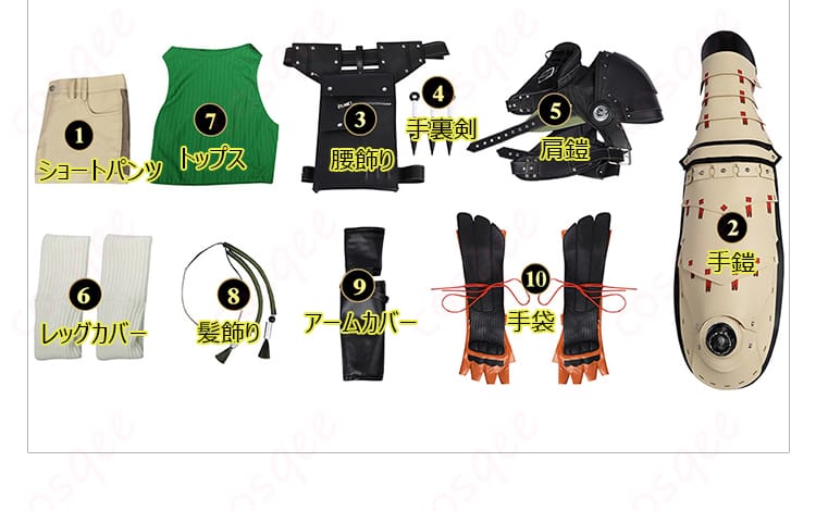 ユフィ・キサラギのコスプレ衣装のセット内容画像、各アイテムが紹介されている。