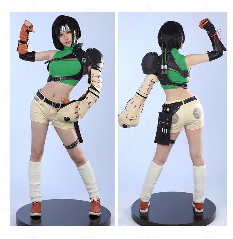 ユフィ・キサラギのコスプレ衣装を着用した人物の正面と背面画像、着心地とリアルな印象。