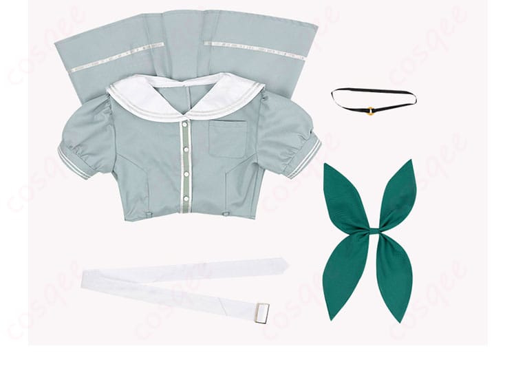 コスプレ衣装のセット内容画像。ワンピース、スカーフ、ベルト、チョーカーなど、すべてが含まれています。