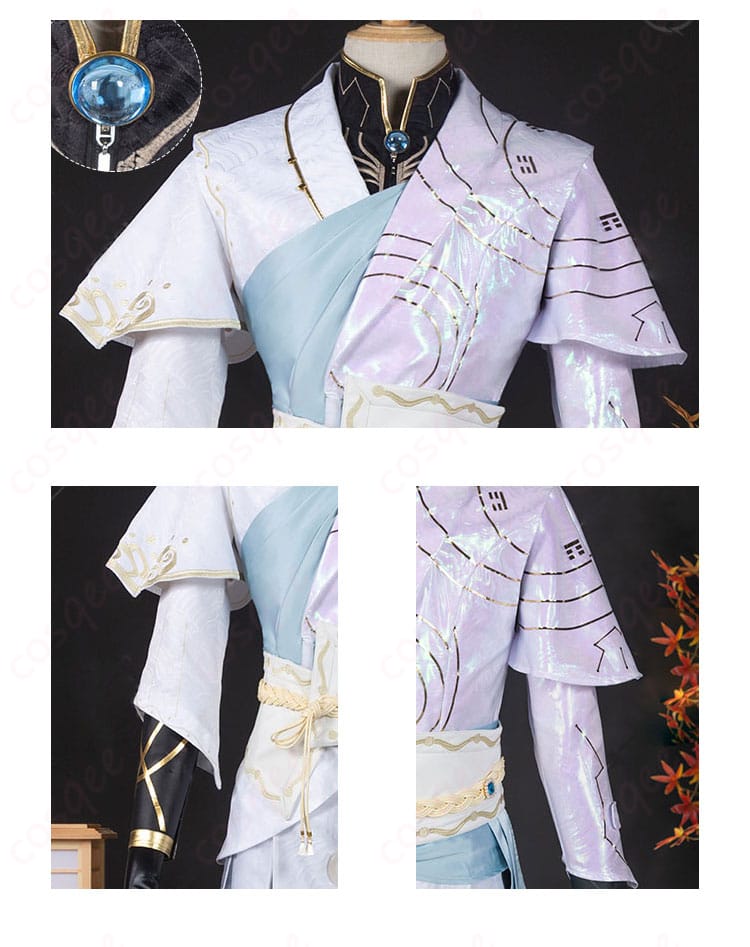 白黒無常(謝必安)のコスプレ衣装の上衣アクセサリー詳細、精緻な装飾と刺繍が特徴。