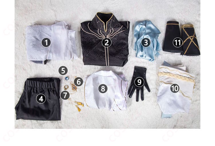 白黒無常(謝必安)のコスプレ衣装のセット内容を紹介する画像。全てのアクセサリーが完璧に揃っている。