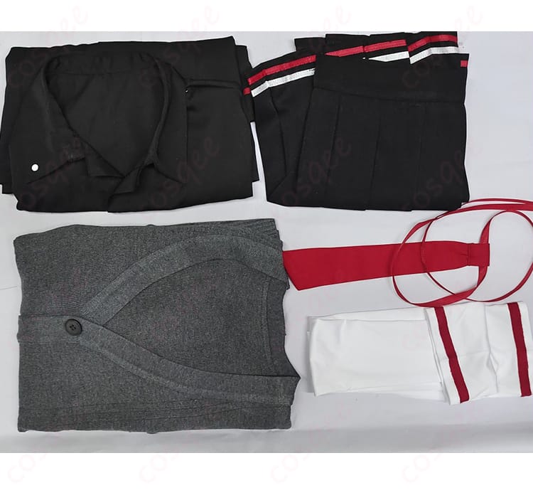 旗見エリカ コスプレ衣装のセット内容の画像、シャツ、スカート、カーディガン、靴下など。