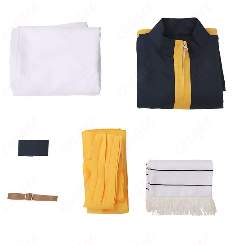 ナツ・ドラグニル コスプレ衣装 セット内容を示す画像。コート、ズボン、マフラーなど全てのアイテムが一目でわかります。