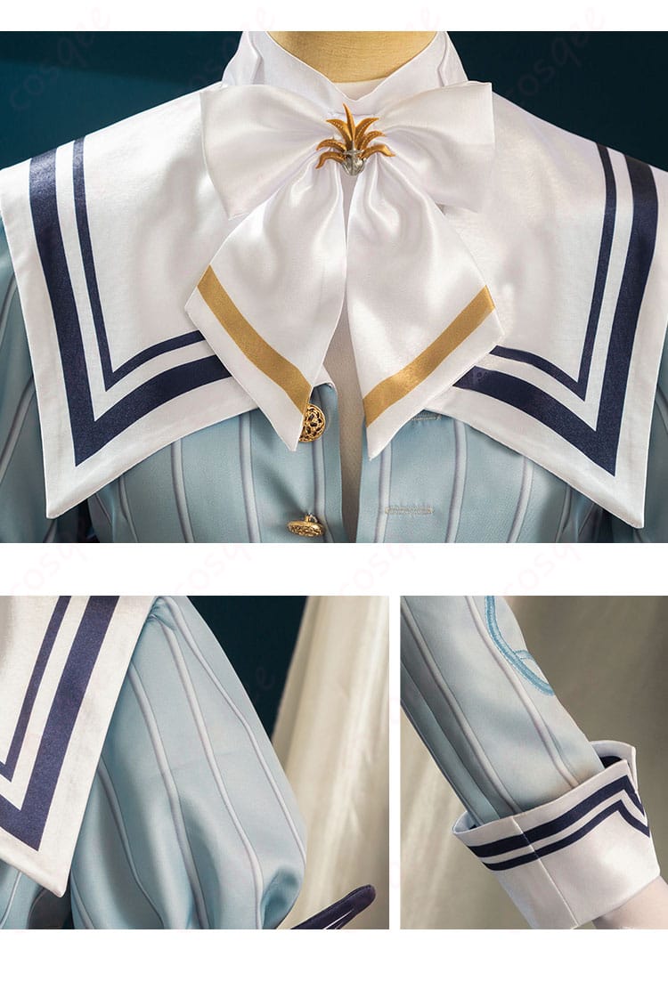 服の領口と袖口の装飾細部を強調した画像。高い再現度のコスプレ衣装。