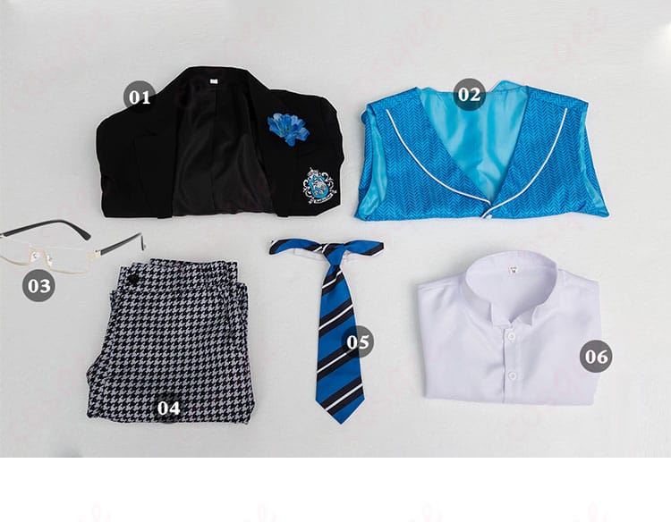 コスプレ衣装の全セット内容の画像。衣装、ネクタイ、メガネ、ベストなどがすべて含まれています。